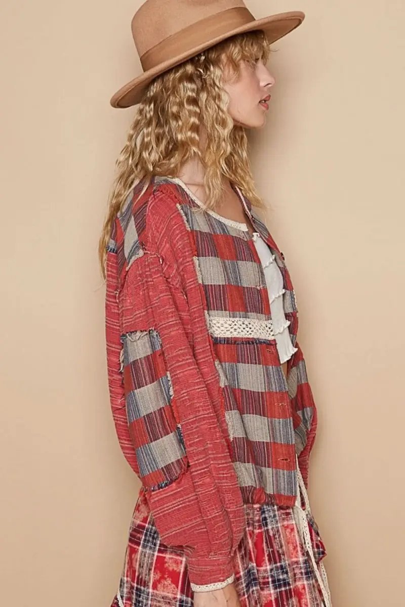 POL Round Neck Long Sleeve Plaid Shirt - Love Salve